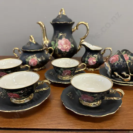 Vintage Bavaria Black & Gold Classic Rose Tea Set